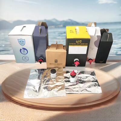 Contenitore in plastica per sacca in scatola con superficie testurizzata e beccuccio, adatto per applicazioni di confezionamento di liquidi per uso alimentare