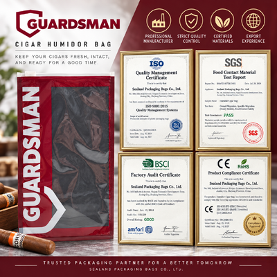 plastic cigar bags designed to hold 5 to 20 cigars depending on size and resealable cigar packaging bags