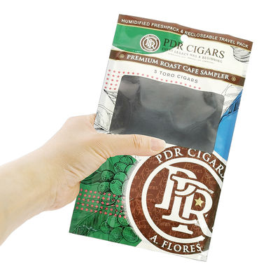Fogli di cartone richiudibile a misura con chiusura a tre lati sigilli di foglie naturali, involucri per sigari, sacchetti di imballaggio in plastica idratante con finestra trasparente