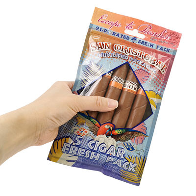 Sacchetti per sigari umidificati con stampa a rotocalco personalizzata Sacchetti per sigari con zip e umidità 5 sigari Confezione semplice con confezione in plastica con finestra trasparente