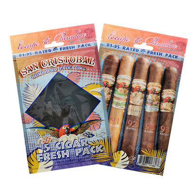 Sacchetti per sigari umidificati con stampa a rotocalco personalizzata Sacchetti per sigari con zip e umidità 5 sigari Confezione semplice con confezione in plastica con finestra trasparente